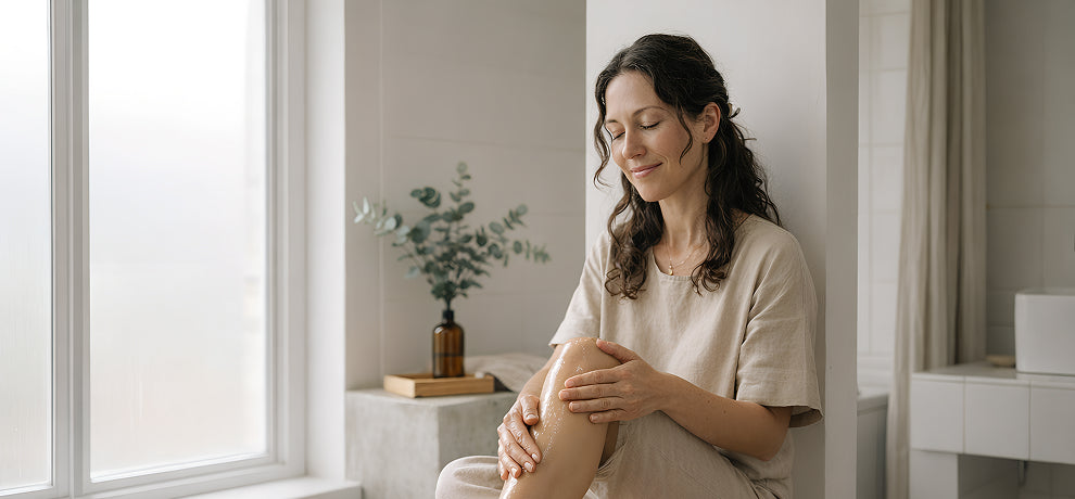 Mujer sentada en un banco de madera aplicando aceite natural en su rodilla para aliviar el dolor articular en un interior luminoso