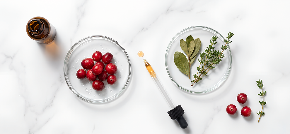 Flat lay cientifico con arandanos rojos tomillo y gayuba en placas de Petri y frasco ambar sobre superficie blanca