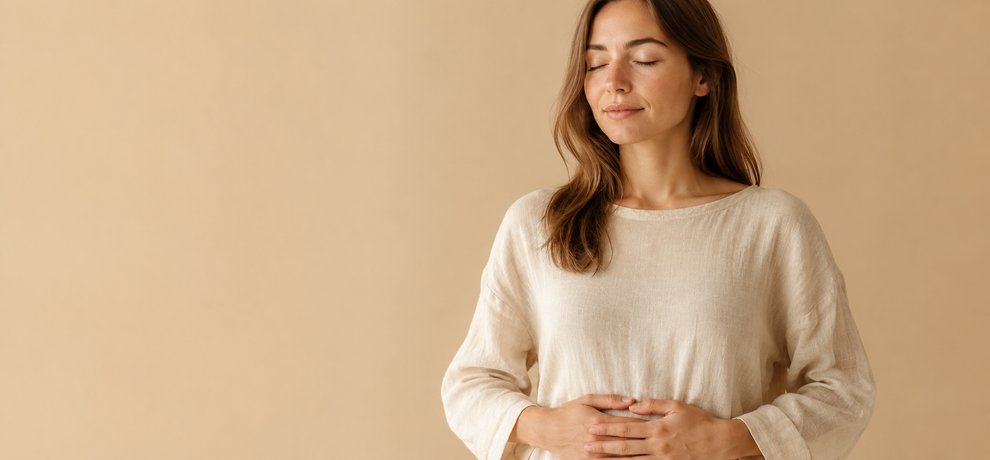 Mujer con las manos sobre el vientre en una postura de bienestar digestivo sobre fondo beige neutro