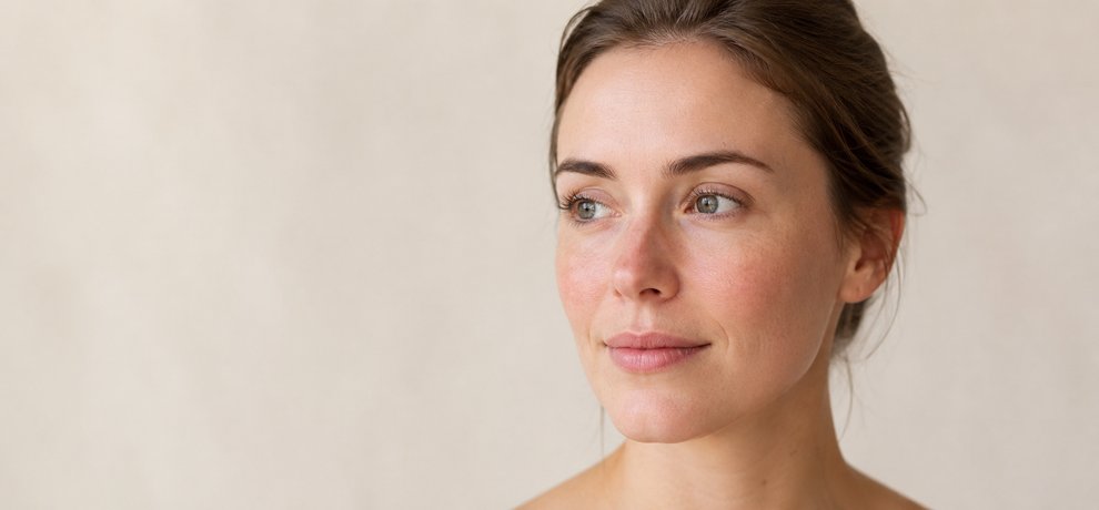 Primer plano de un rostro femenino con leve enrojecimiento en las mejillas iluminado por una luz natural suave sobre fondo neutro beige