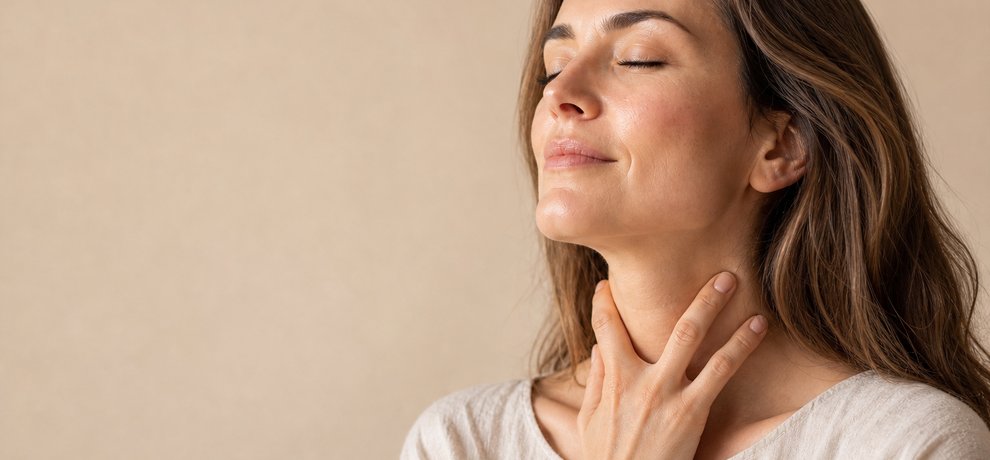 Mujer joven posando delicadamente su mano sobre su garganta, evocando una molestia aliviada por las soluciones naturales de la aromaterapia
