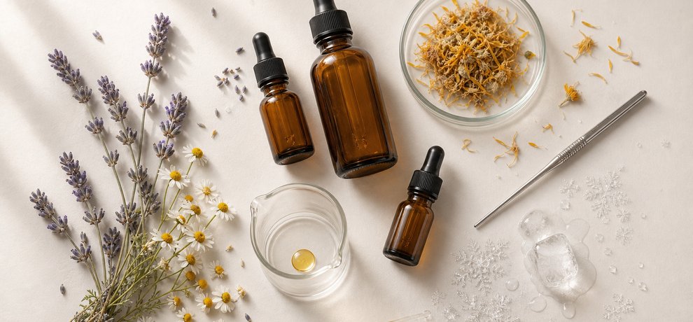 Frascos de aceites esenciales ámbar, lavanda, manzanilla y cristales de hielo en flat lay científico sobre fondo beige claro
