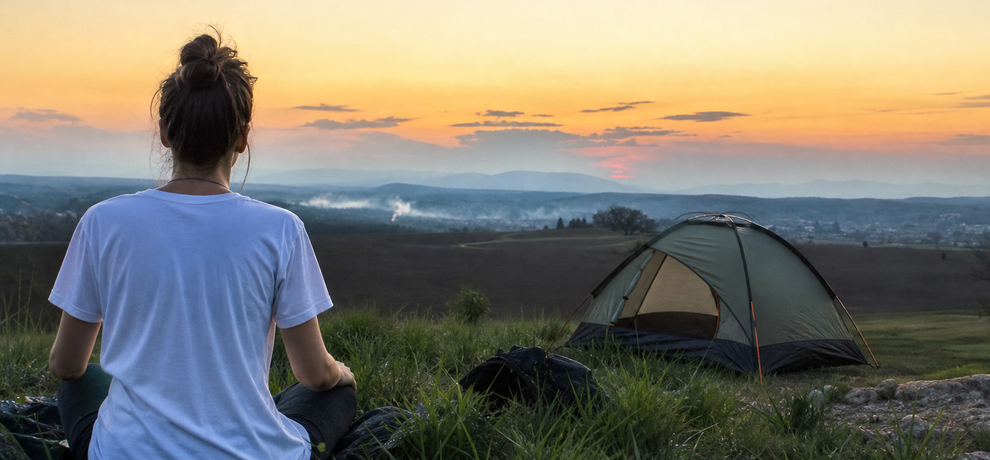 Persona en postura de relajación frente a un paisaje sereno, ilustrando los consejos Pranarôm para gestionar mejor el estrés cotidiano